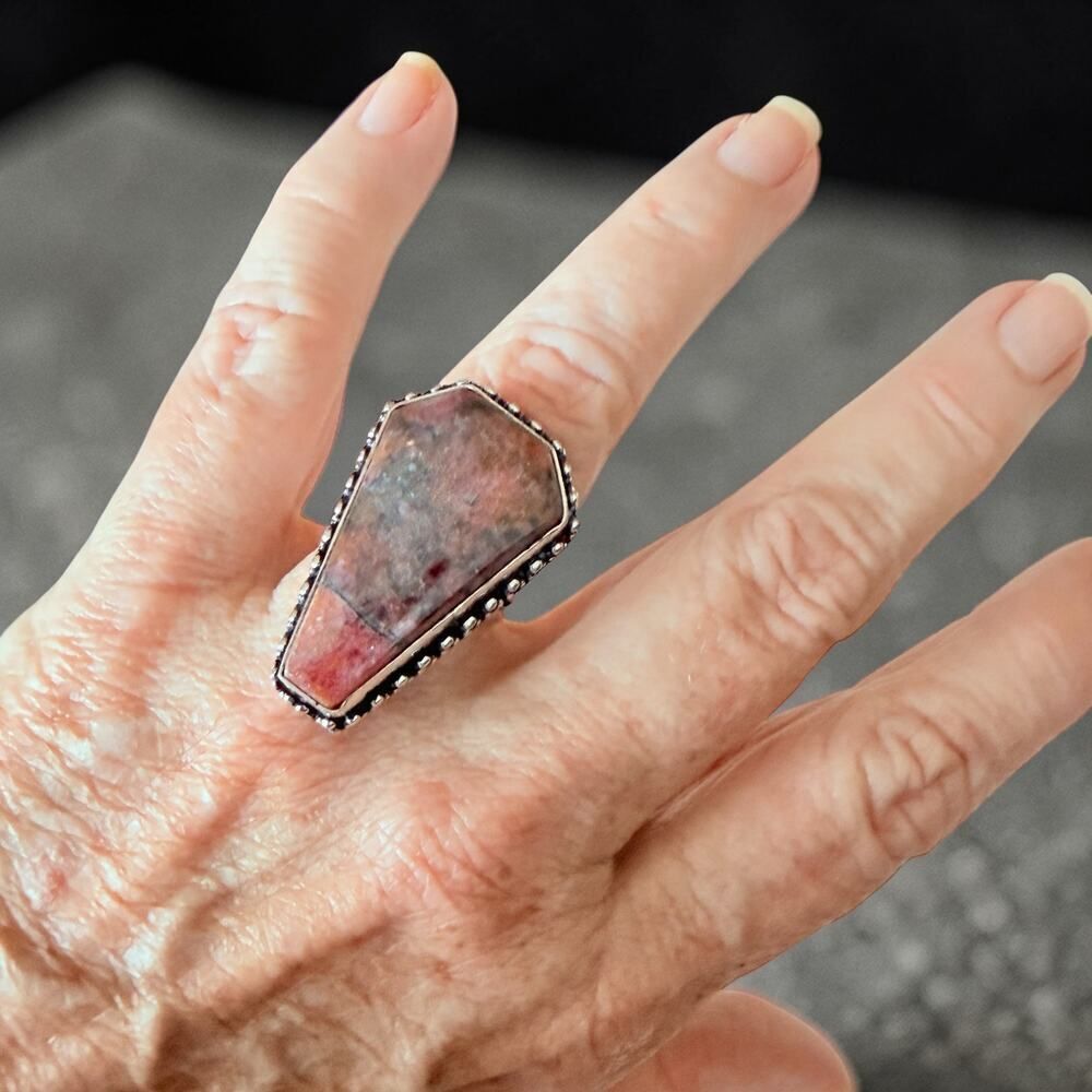 Coffin Rhodonite 925 Silver Overlay Ring Statement Pink Stone Size 8